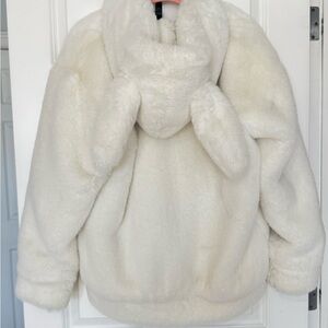 White Bunny Ears Plush Faux Fur Bomber Jacket